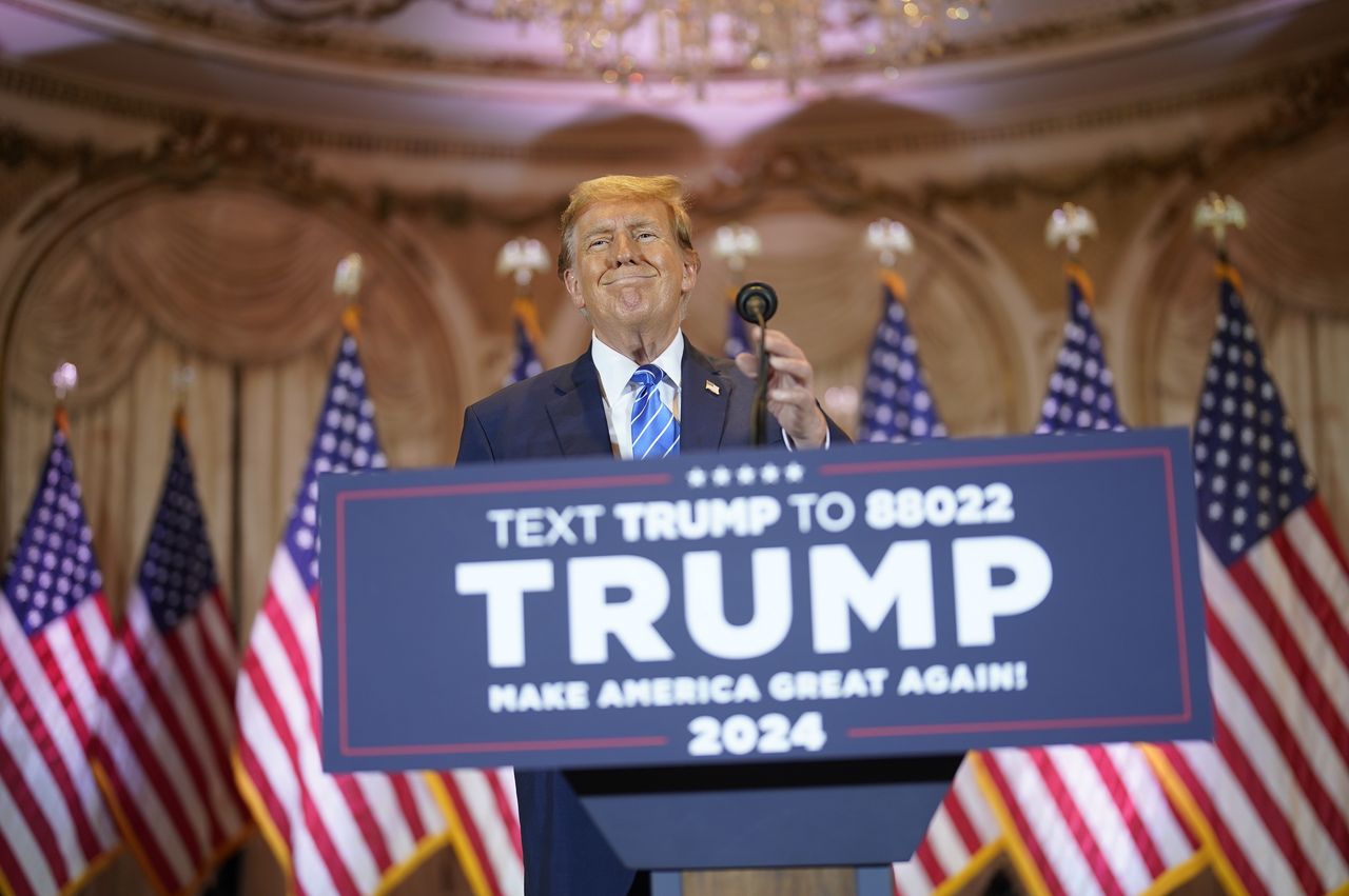 Palm Beach, Florida  - March 5: Republican presidential candidate former President Donald Trump takes the stage to speak at a Super Tuesday election night party on Tuesday, March 5, 2024 at Mar-a-Lago in Palm Beach, Fla.

(Photo by Jabin Botsford /The Washington Post via Getty Images)