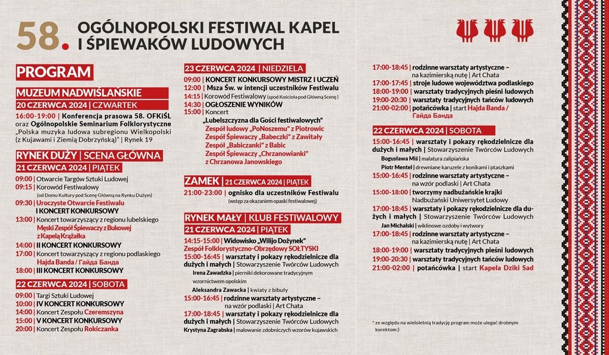 58. Ogólnopolski Festiwal Kapel i Śpiewaków Ludowych w Kazimierzu Dolnym - plakat z programem