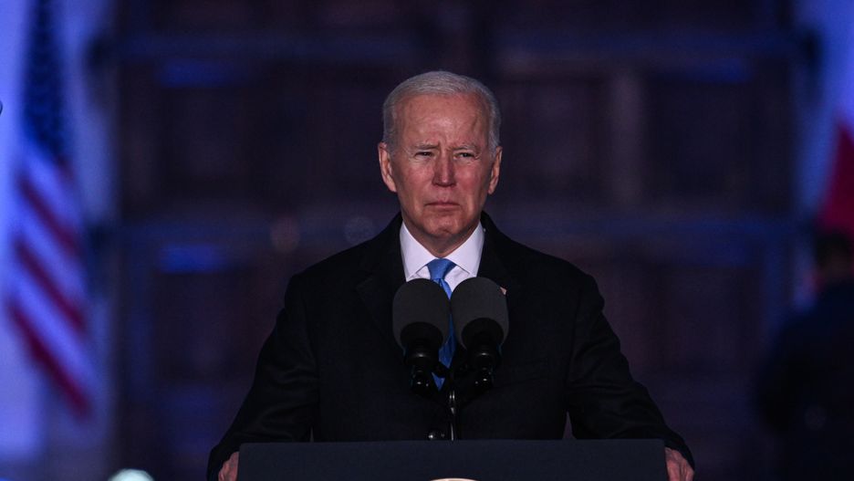 WARSAW, POLAND - MARCH 26 : US President Joe Biden delivers a speech at the Courtyard of the Royal Castle during his visit in Warsaw, Poland on March 26, 2022. (Photo by Stringer/Anadolu Agency via Getty Images)