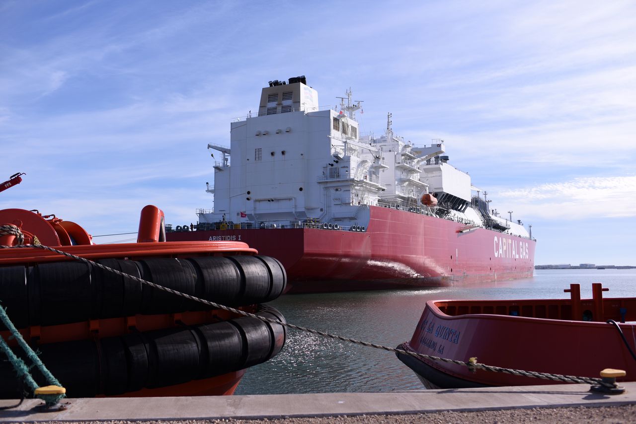 The Aristidis I liquefied natural gas (LNG) tanker docked at the Cheniere Liquefaction facility (CCL) in Corpus Christi, Texas, US, on Monday, Dec. 4, 2023. Cheniere's Corpus Christi Stage 3 expansion is part of the third and biggest wave of new liquefied natural gas supply to enter the global market. Photographer: Mark Felix/Bloomberg via Getty Images