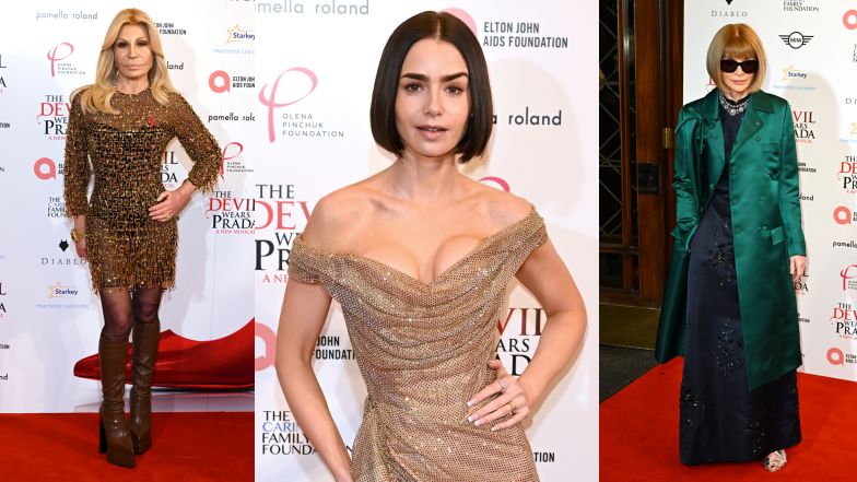 Gwiazdy na premierze sztuki "Diabeł ubiera się u Prady": wydekoltowana Lily Collins, Donatella Versace w mini i kozakach, Anna Wintour