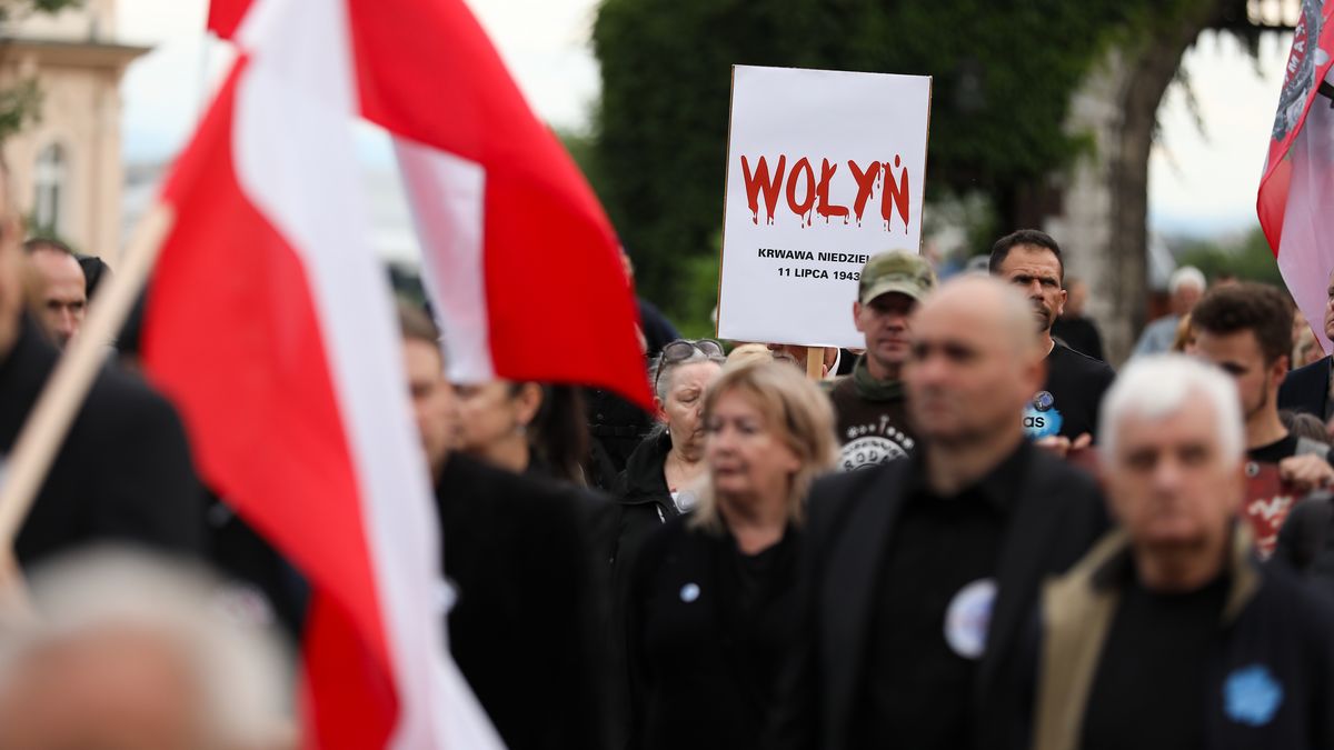 Participants of the 3rd Black March of Wolyn 1943 walk through the city streets on the 82nd anniversary of 'Bloody Sunday' on July 11, 2025, in Krakow, Poland. The III Black March marches through the streets of Krakow, commemorating the 82nd anniversary of the Wolyn massacre, in which about 80,000 Poles die in 1943. First, a holy mass is celebrated in the intention of the victims, and then the participants of the march go to the monument to the Victims of Ukrainian Genocide at the Rakowicki cemetery. (Photo by Klaudia Radecka/NurPhoto via Getty Images)