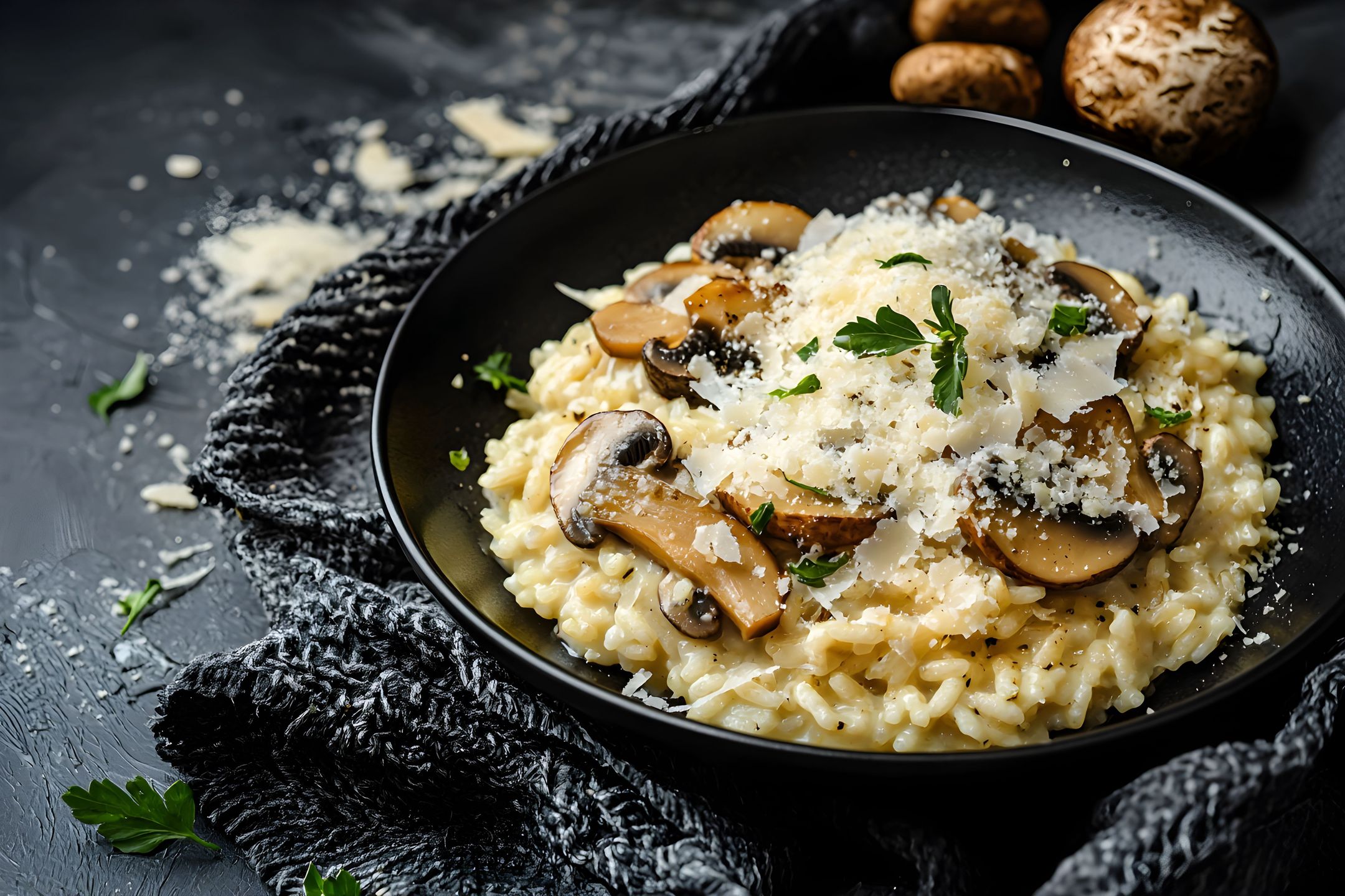 risotto, mushrooms, parmesan, creamy, pasta, dish, meal, food, culinary, garnish, parsley, texture, gourmet, cooking, italian cuisine, dinner, recipe, ingredients, plate, dining, restaurant, chef, flavors, vegetarian, black plate, savory, dishes, home cooking, kitchen, delicious, appetizing, preparation, dining table, herbs, side dish