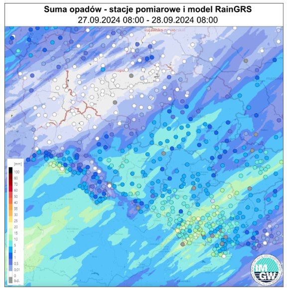 Suma opadów z ostatnich 24 godzin 27.09.2024- 28.09.2