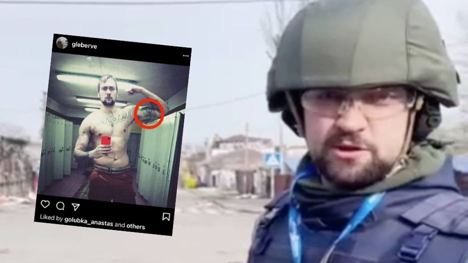 Rosyjski dziennikarz z faszystowskimi tatuażami. Relacjonuje "denazyfikację Ukrainy"
