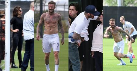 David Beckham prezentuje muskulaturę podczas rodzinnego meczu piłki nożnej na opustoszałym stadionie w Miami (ZDJĘCIA)