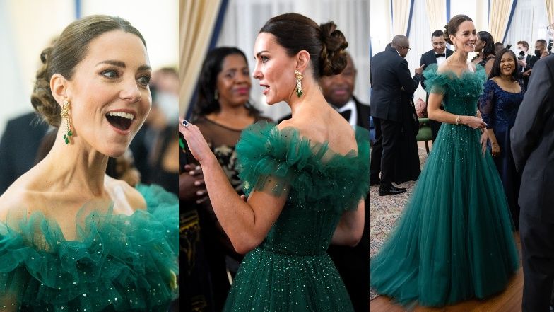 Kate Middleton olśniewa w szmaragdowej sukni od Jenny Packham w czasie uroczystej kolacji u gubernatora Jamajki