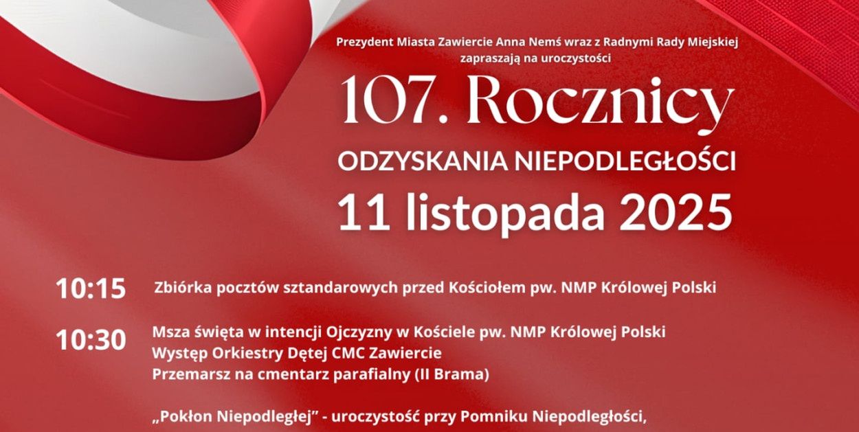 Zawiercie: 107. Rocznica Odzyskania Niepodległości. Prezydent miasta zaprasza