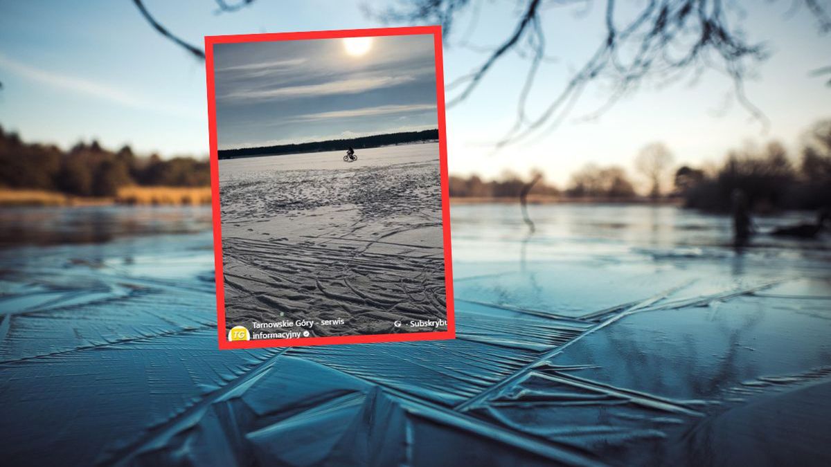 Rowerzysta na zamarzniętym zalewie