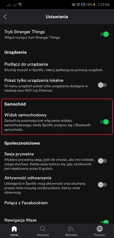 Widok samochodowy jest domyślnie włączony w ustawieniach.