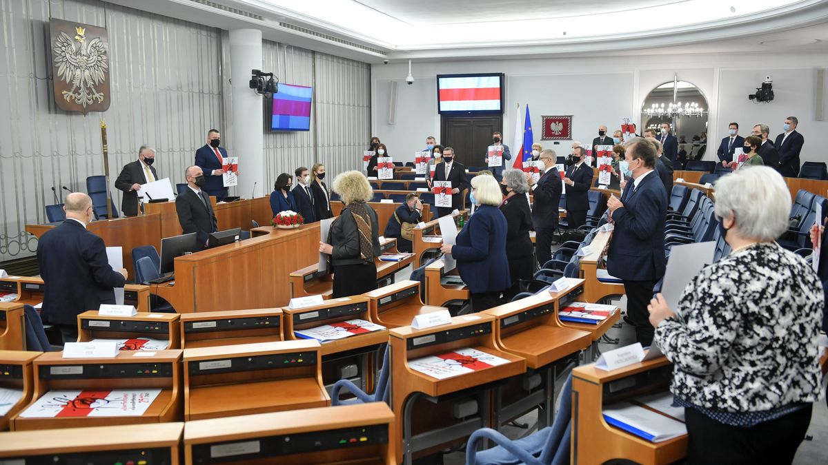 Warszawa, 25.03.2021. Senatorowie na sali obrad w Warszawie w drugim dniu posiedzenia wyższej izby parlamentu, 25 bm. Senatorowie stanęli z planszami w kolorach białoruskich barw narodowych: biało-czerwono-białych, by zademonstrować w ten sposób solidarność i wsparcie dla Białorusinów, którzy upominają się o swobody demokratyczne w swoim kraju. Na sali obrad na ekranie wyświetlono flagę Białorusi. (amb) PAP/Radek Pietruszka