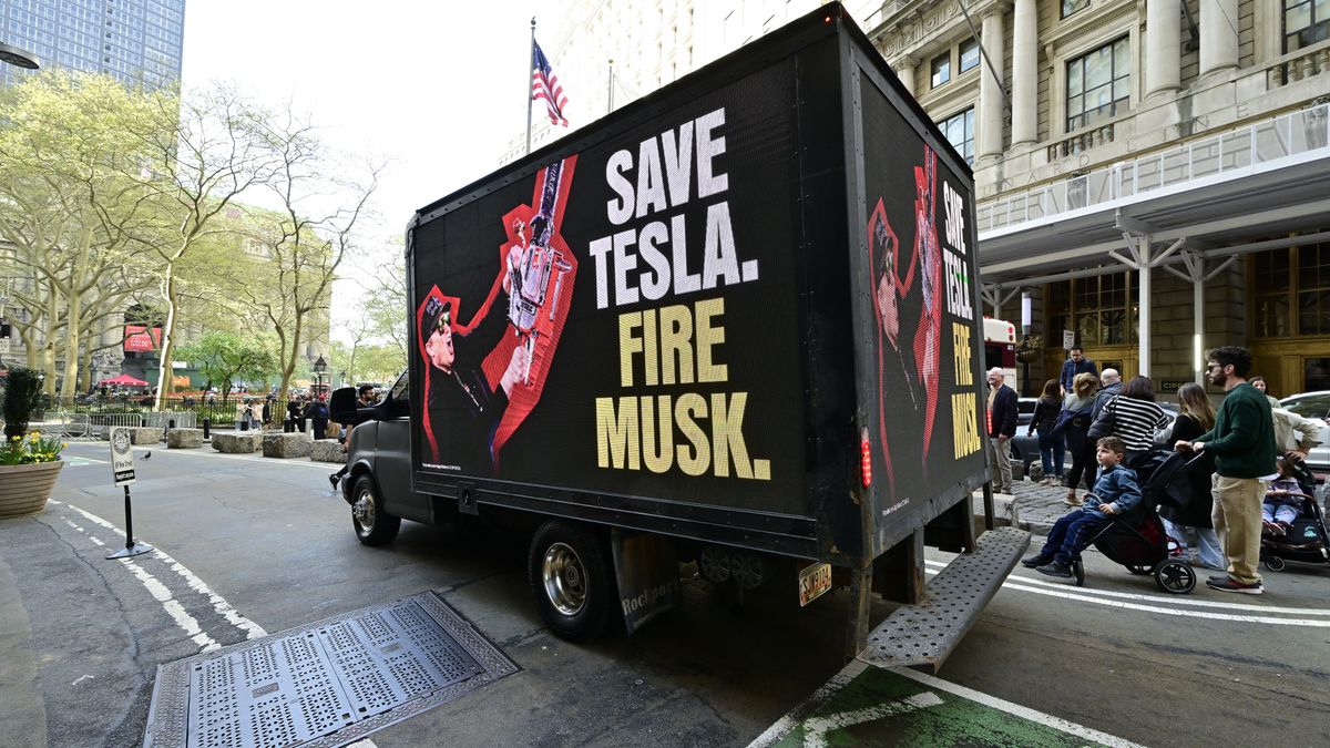 NEW YORK, NEW YORK - APRIL 22: A truck with signage reading "Save Tesla. Fire Musk" drives around Manhattan on April 22, 2025 in New York City. (Photo by Eugene Gologursky/Getty Images for Save Telsa Fire Musk Campaign)