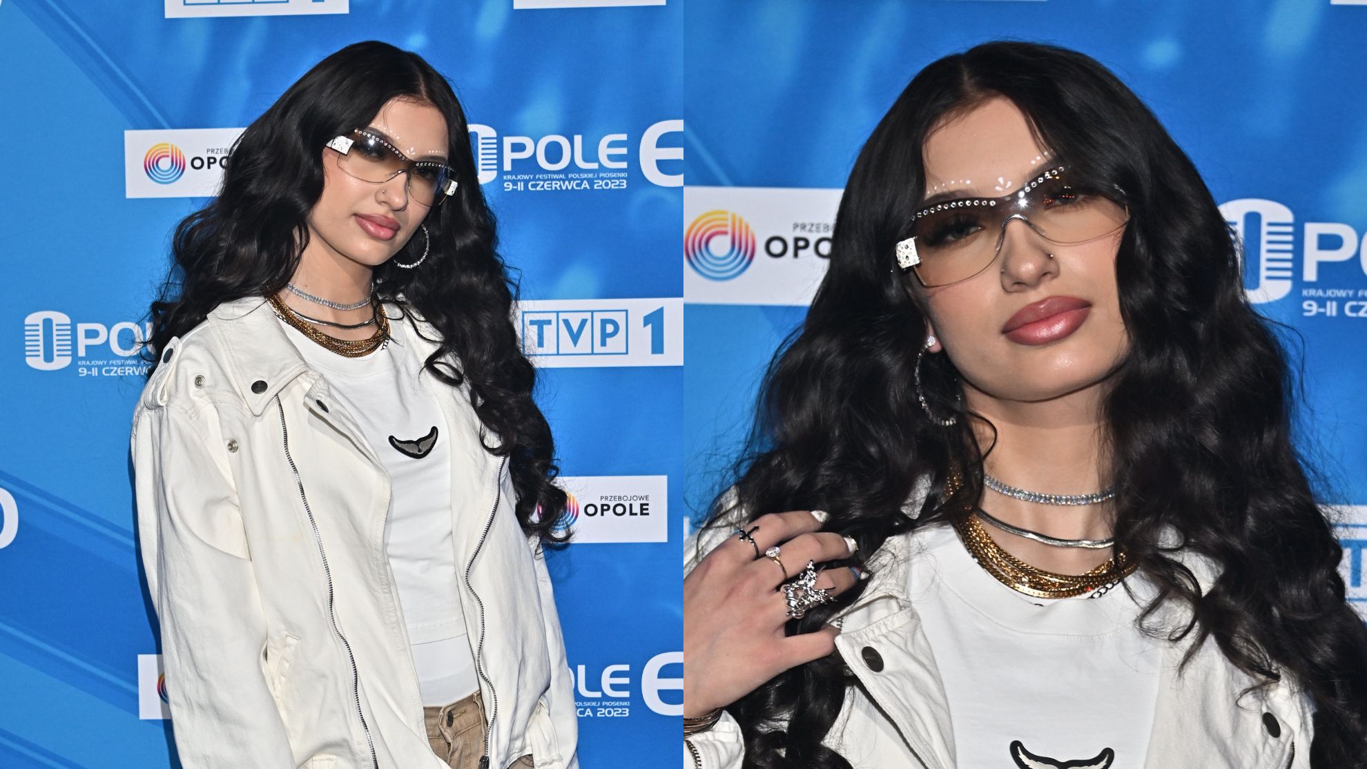 Viki Gabor na ściance konferencji przed festiwalem w Opolu