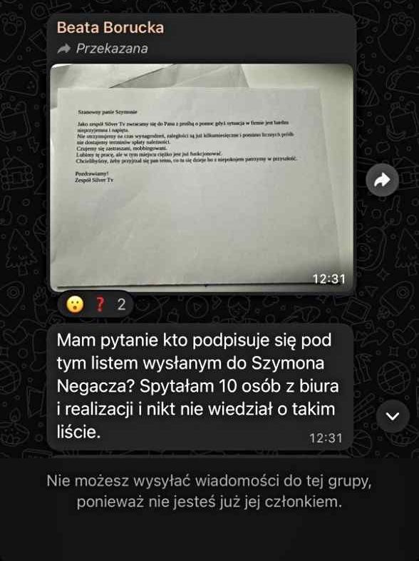 Wiadomość Beaty Boruckiej ws. listu zespołu do Szymona Negacza. 