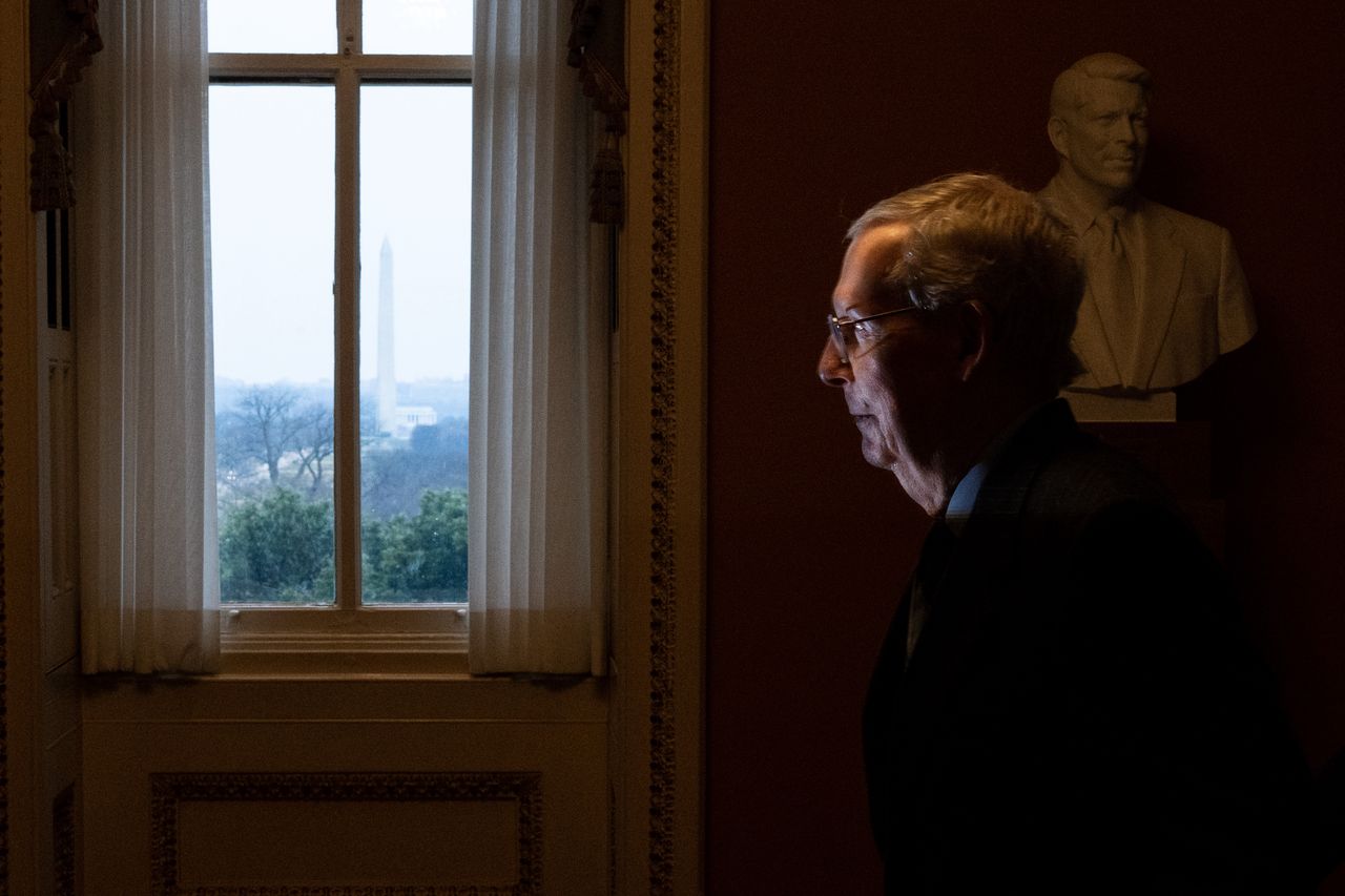 WASHINGTON - FEBRUARY 28: Senate Minority Leader Mitch McConnell, R-Ky., walks to his office after a vote in the Senate chamber on Wednesday, February 28, 2024. McConnell announced he will be stepping down from leadership earlier in the day. (Bill Clark/CQ-Roll Call, Inc via Getty Images)