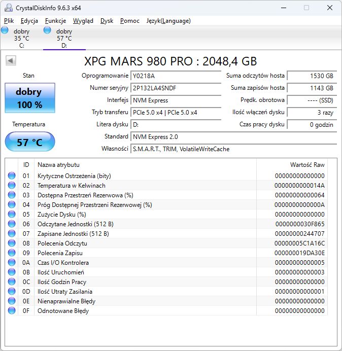 ADATA XPG MARS 980 Pro - temperatury