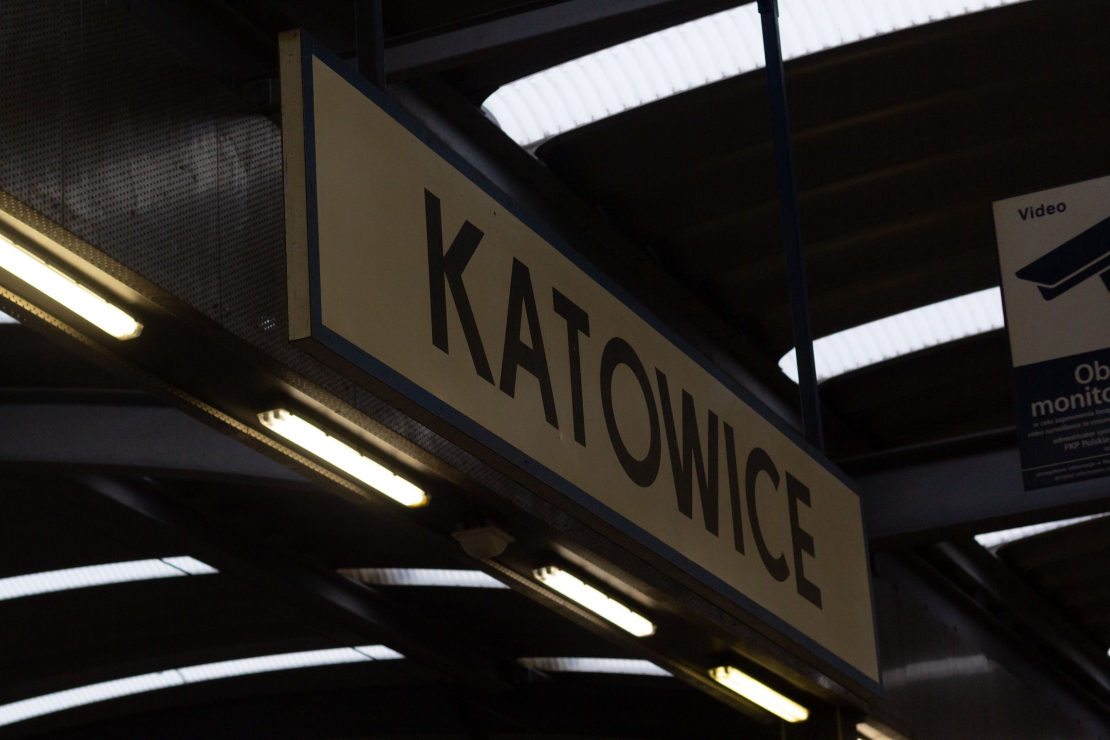 railway, station, train, katowice, poland, silesia, sign, stop, transport, transportation, rail, track, vehicle, public, march, 2022, city, urban, platform, travel, tourist, journey, logo, name, signage