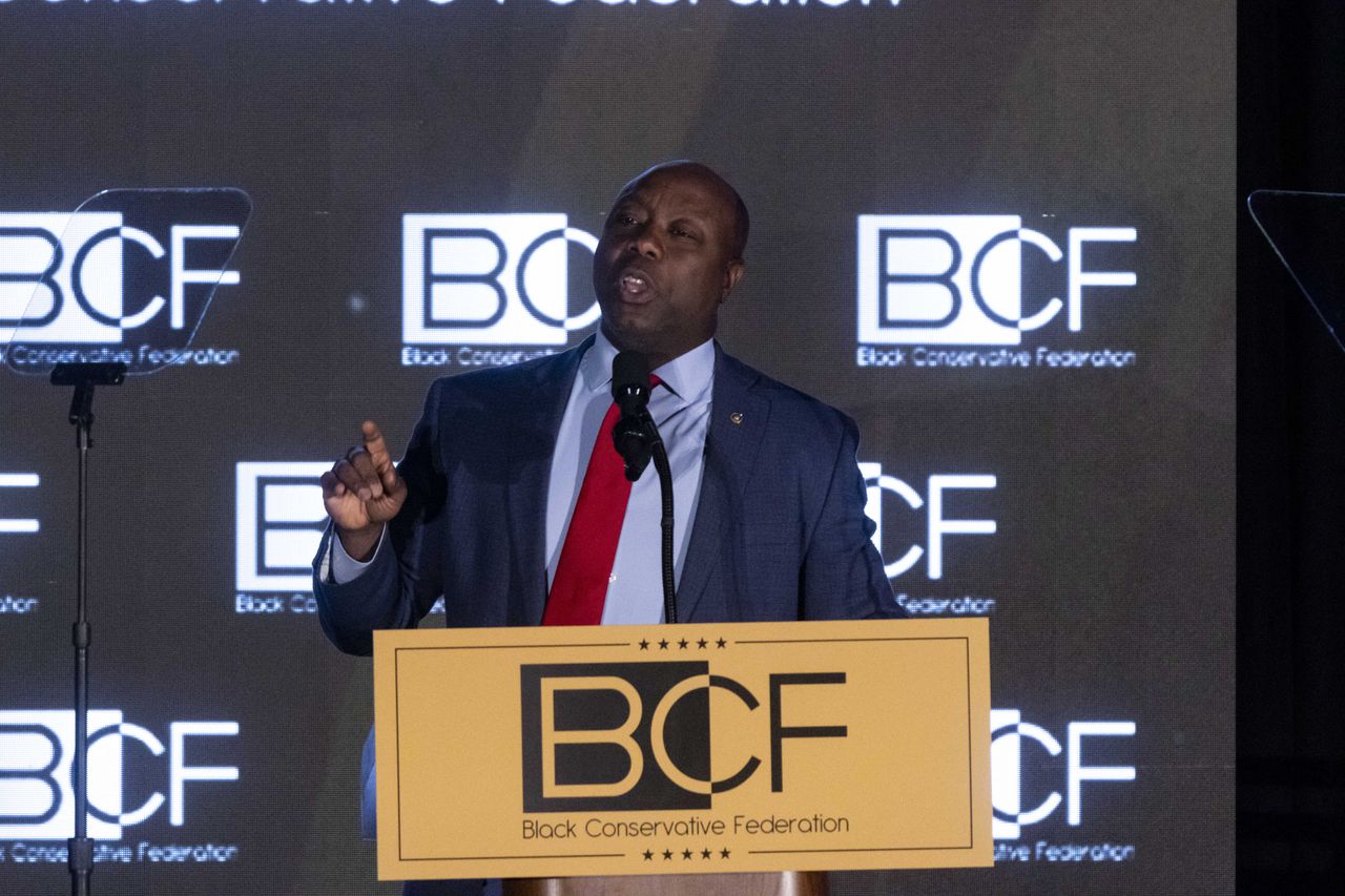 Senator Tim Scott, a Republican from South Carolina, speaks during an event with former US President Donald Trump, not pictured, at the Black Conservative Federation (BCF) Honors Gala in Columbia, South Carolina, US, on Friday, Feb. 23, 2024. Trump is on the cusp of the Republican nomination and is looking to deliver a knockout blow to Nikki Haley, his last remaining GOP challenger, in her home state of South Carolina, which holds its primary on February 24. Photographer: Christian Monterrosa/Bloomberg via Getty Images