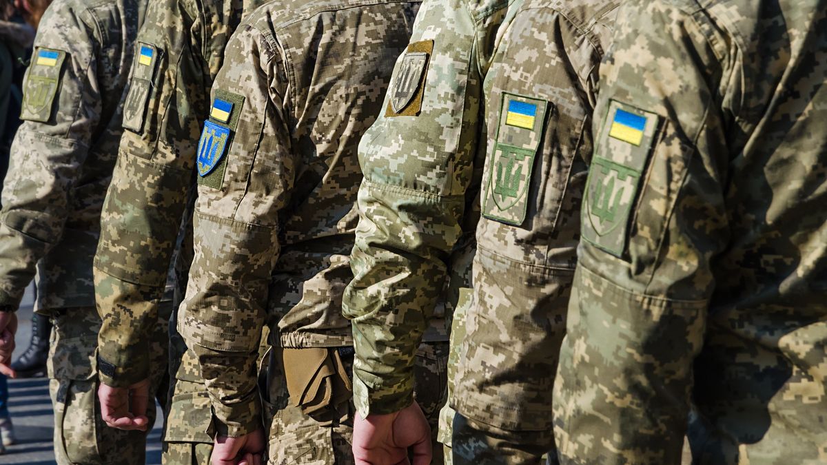 Ukrainian soldiers on military parade. 