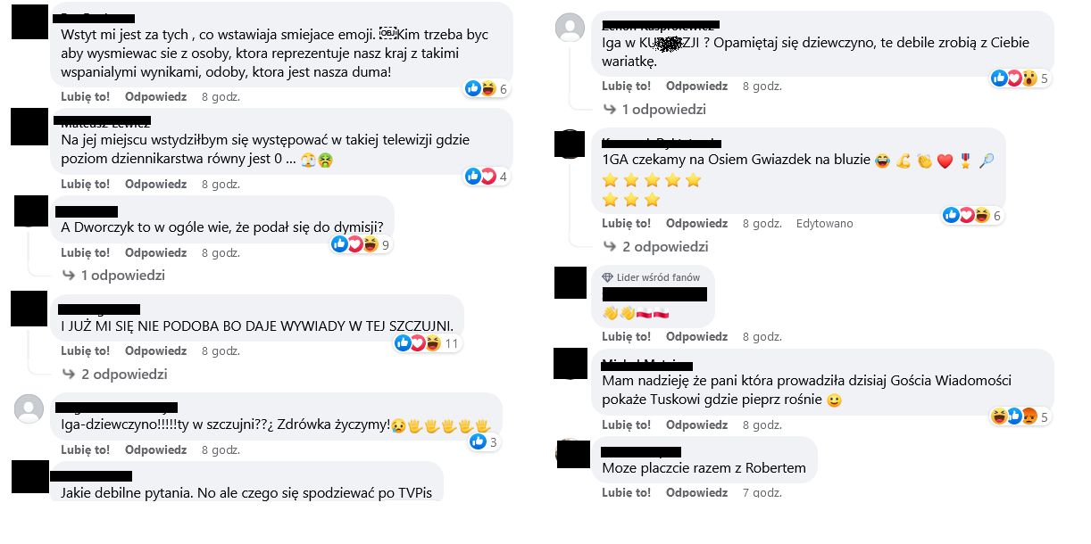 Przykładowe komentarze pod wywiadem z Igą Świątek