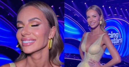 Izabela Janachowska w przyciemnionych włosach (?) i kanarkowej sukni z dekoltem błyszczy na finale "Tańca z Gwiazdami" (ZDJĘCIA)