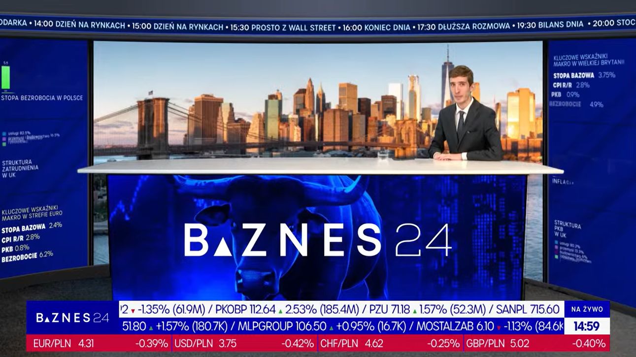 Damian Biedrzycki w głównym studiu Biznes24