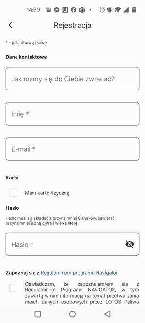 Lotos Navigator: uzupełniamy niezbędne dane i akceptujemy zgody