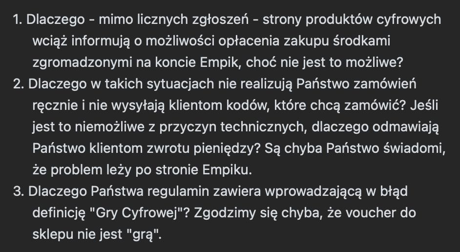 Pytania wysłane do Empik.com