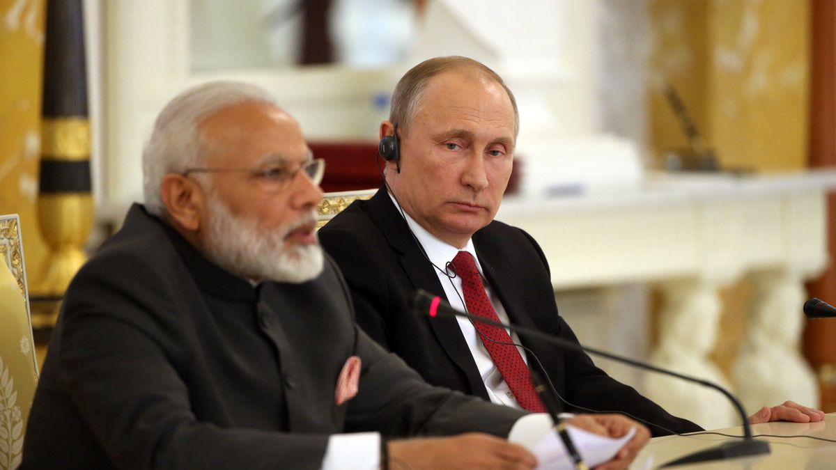Russian President Vladimir Putin Meets Indian Premier Modi in Saint Petersburg
ST. PETERSBURG, RUSSIA - JUNE 1:  (RUSSIA OUT) Russian President Vladimir Putin (R) listens to Indian Prime Minister Narendra Modi (L) during their meeting at the Konstantin Palace on June 1, 2017 in Saint Petersburg, Russia. President Vladimir Putin has arrived to Saint Petersburg for three-days visit to attend the Saint Petersburg International Economic Forum. (Photo by Mikhail Svetlov/Getty Images)
Mikhail Svetlov