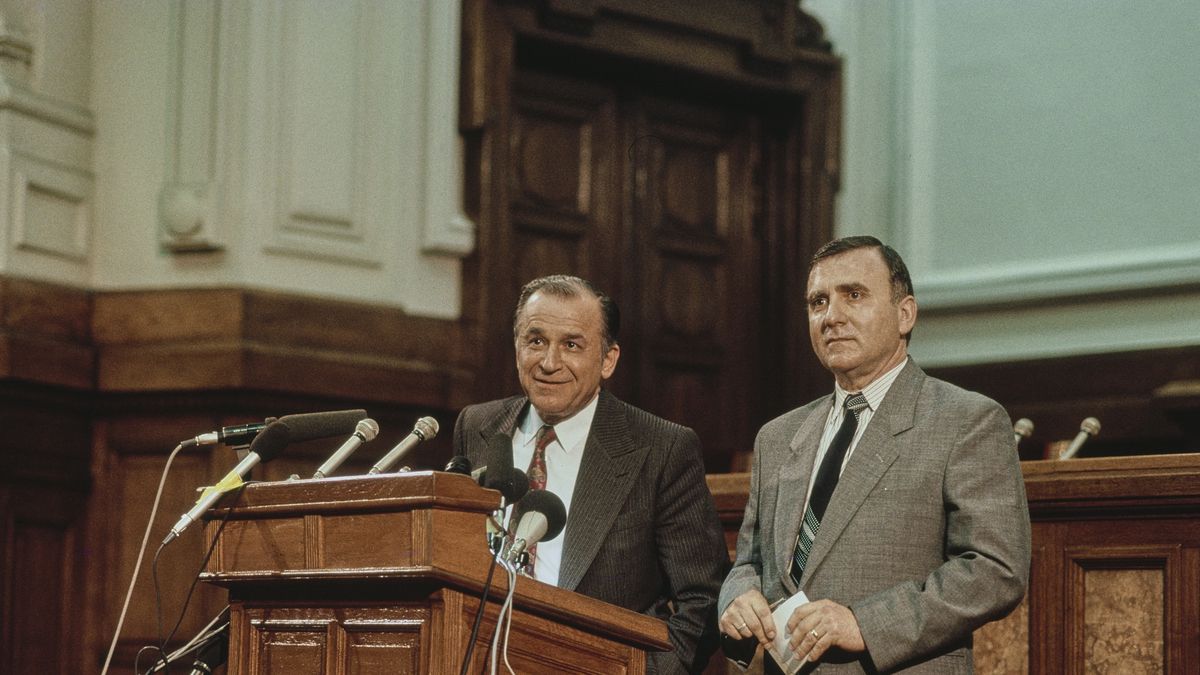 Romanian politician Ion Iliescu (left) holding a press conference, May 12th 1990. (Photo by Peter Turnley/Corbis/VCG via Getty Images)
