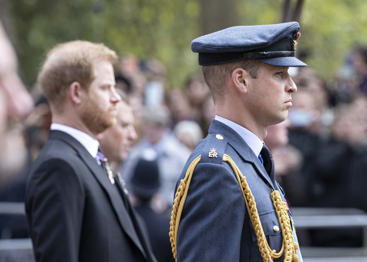 LONDON, UNITED KINGDOM â SEPTEMBER 19: William (R), Prince of Wales and Prince Harry (L), Duke of Sussex walk behind the coffin of Queen Elizabeth II as it travels in a procession from Westminster Abbey to Wellington Arch in London, United Kingdom on September 19, 2022. The state funeral of Queen Elizabeth II, Britainâs longest reigning monarch, is expected to be watched by millions of people in the UK and abroad with hundreds of thousands lining the streets in London and Windsor to pay their respects on her final journey. (Photo by Rasid Necati Aslim/Anadolu Agency via Getty Images)