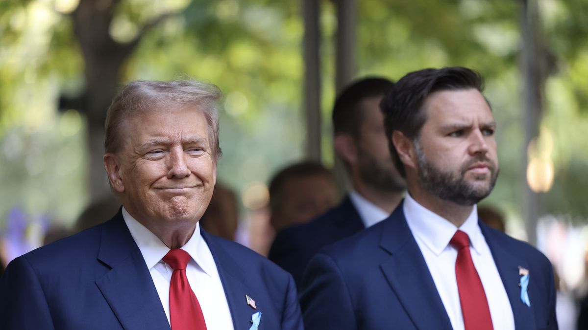 NEW YORK, NEW YORK - SEPTEMBER 11: Republican presidential nominee, former U.S. President Donald Trump and Republican vice presidential nominee, U.S. Sen. J.D. Vance (R-OH) joined family and friends at Ground Zero honoring the lives of those lost on the 23rd anniversary of the terror attacks of September 11, 2001, at the World Trade Center on September 11, 2024 in New York City. Trump was making the visit to the site of terror attacks that killed nearly 3,000 people. (Photo by Michael M. Santiago/Getty Images)