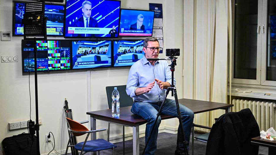 WARSAW, POLAND - JANUARY 10:  Head of Polish Public Television employed during Law and Justice Party government, Michal Adamczyk  gives a live interview to TV Republika inside the Public Polish TV headquarters where Law and Justice MPS organized a seat in since December 19, 2023  in Warsaw, Poland on January 10, 2024.  On December 19th, 2023 the Minister of Culture and National Heritage, dismissed the presidents of the management boards of Polish TV, Polish Radio and Polish Press Agency, as well as members of their supervisory boards who were appointed during the previous government. Right after, the new Minister of Culture appointed new supervisory boards of these companies. (Photo by Omar Marques/Anadolu via Getty Images)