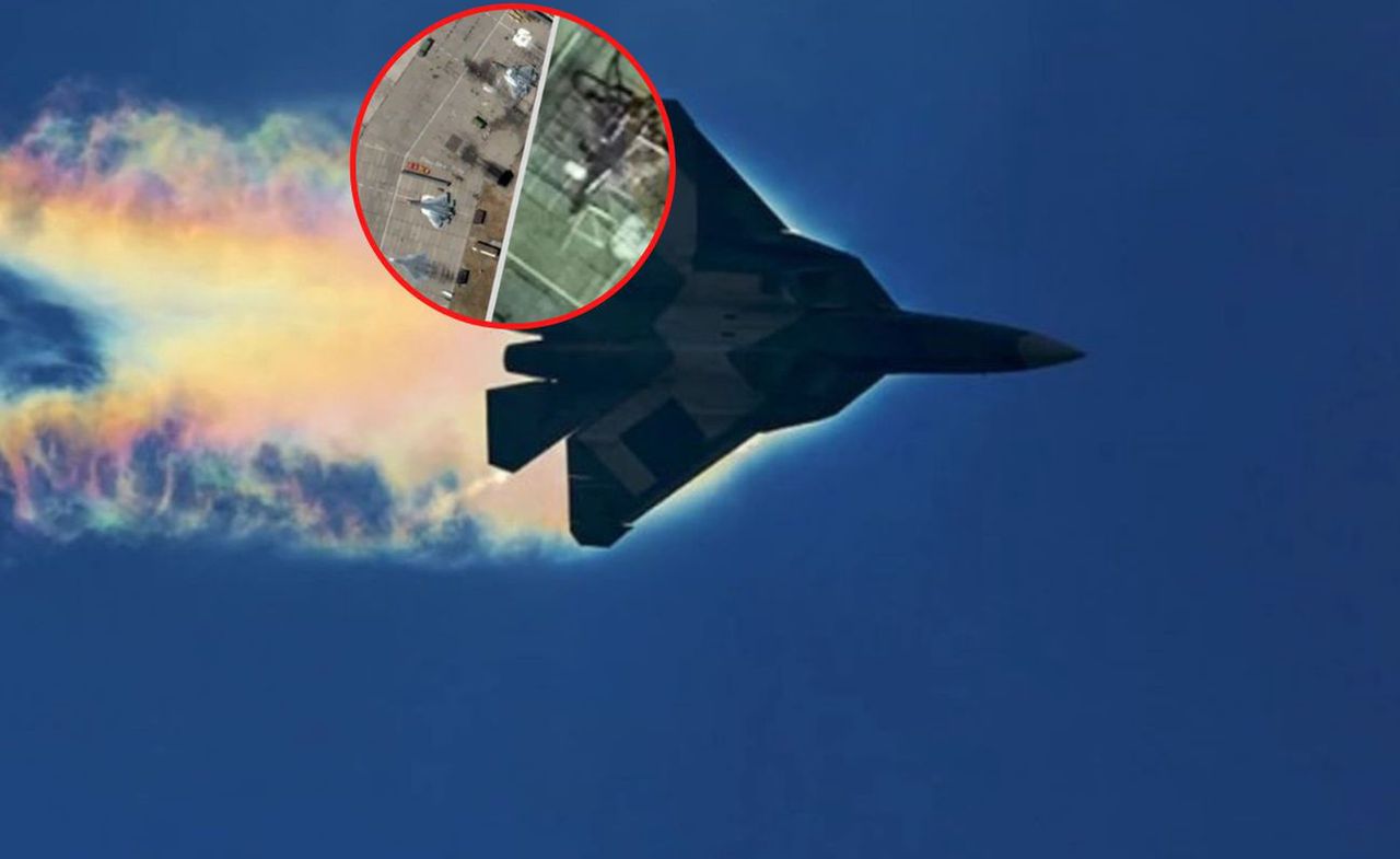 The satellite images show two damaged Su-57s