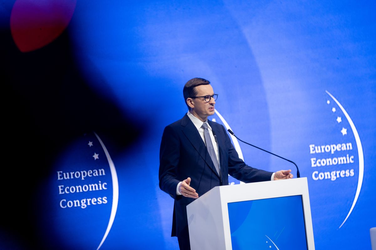 Prime Minister of the Republic of Poland Mateusz Morawiecki during the European Economic Congress in Katowice, Poland on April 25, 2022 (Photo by Mateusz Wlodarczyk/NurPhoto via Getty Images)