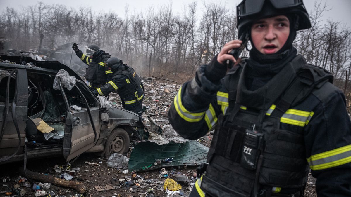 POKROVSK, UKRAINE - JANUARY 11: Firemen walk around the site of a Russian missile strike in a residential area outside of Pokrovsk, Ukraine on January 11, 2025. (Photo by Wolfgang Schwan/Anadolu via Getty Images)