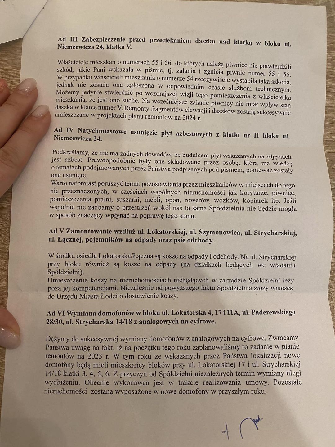 Odpowiedź Spółdzielni na wniosek mieszkańców