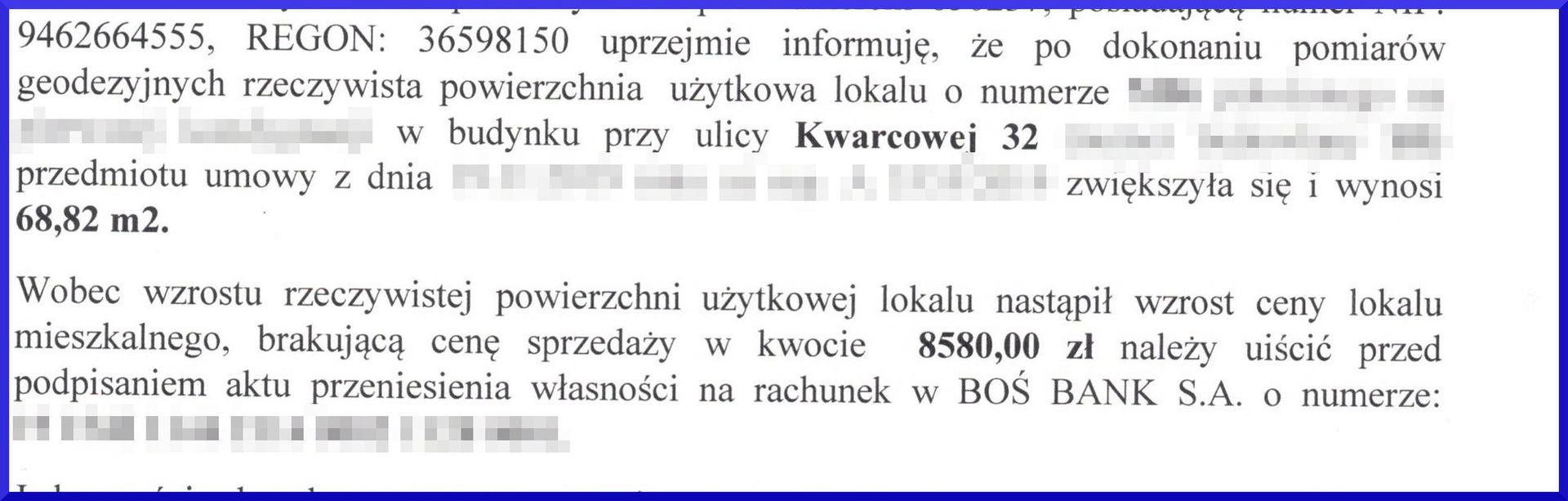 Deweloper zażądał dopłaty kilku tysięcy złotych za powierzchnię zajętą przez ściany.
