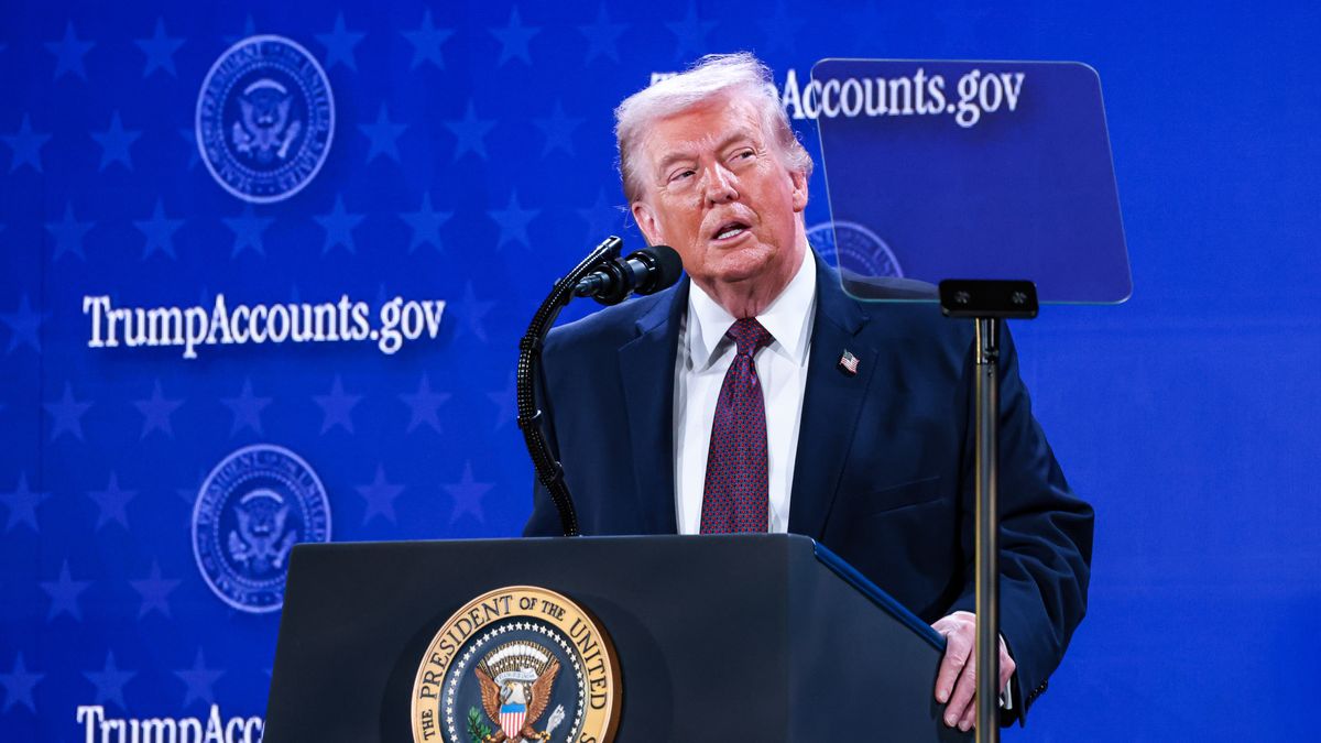 US President Donald Trump speaks during the Trump Accounts Launch Summit in Washington, DC, US, on Wednesday, Jan. 28, 2026. Trump's push to create accounts for children is getting support from financial firms including Visa Inc., which announced Wednesday that it will allow credit-card holders to use rewards points to fund those accounts. Photographer: Valerie Plesch/Bloomberg via Getty Images