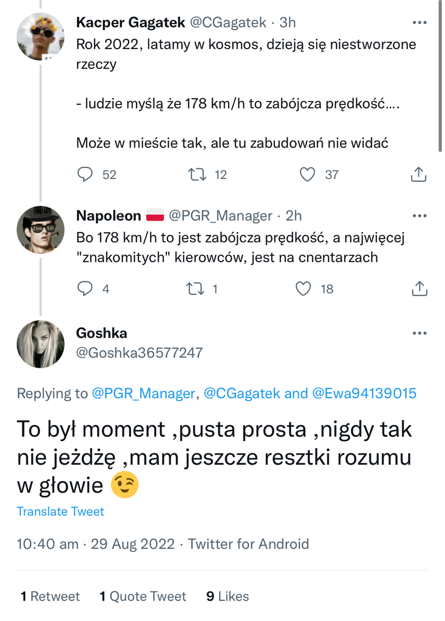 Użytkownicy Twittera o jechaniu z prędkością 180 km/h