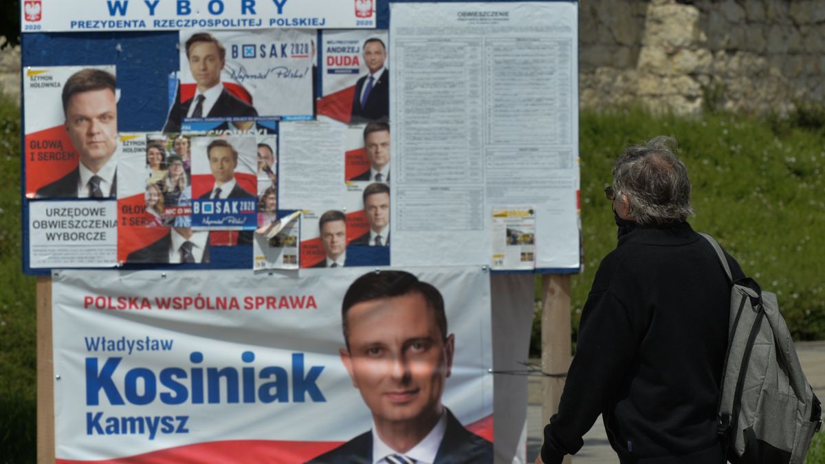 Election posters of Robert Biedron, Krzysztof Bosak, Andrzej Duda, Szymon Holownia, Wladyslaw Kamysz-Kosiniak and Rafal Trzaskowski, seen in Krakow's Main Market Square.
On Thursday, June 25, 2020, in Krakow, Lesser Poland Voivodeship, Poland. (Photo by Artur Widak/NurPhoto via Getty Images)
