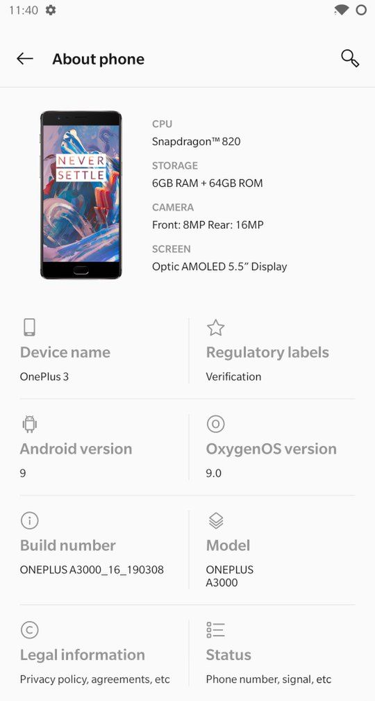 OxygenOS 9.0 bazujący na Androidzie 9 Pie działający na OnePlusie 3, źródło: XDA Developers.