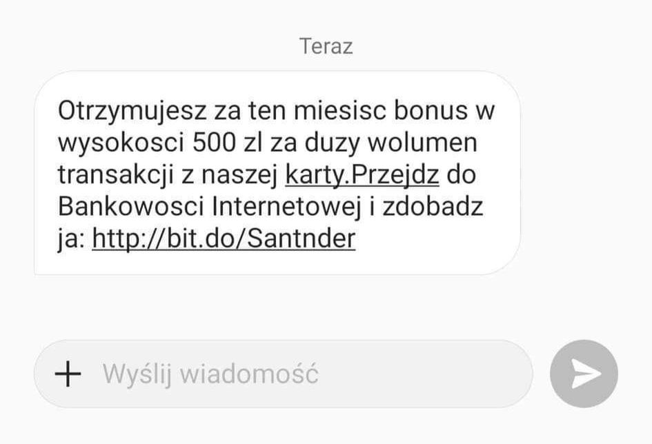 Fałszywa wiadomość o promocji dla klientów banku Santander