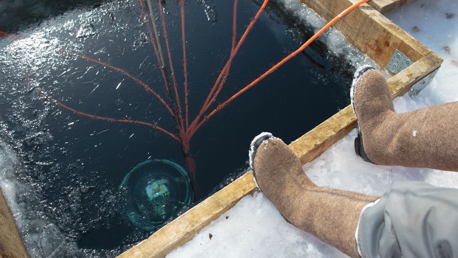 IRKUTSK REGION, RUSSIA - MARCH 13, 2021: A ceremony to launch the Baikal Gigaton Volume Detector (Baikal-GVD) deep underwater neutrino telescope built on Lake Baikal. The project is aimed at studying the flux of high-energy cosmic neutrinos and searching for their sources. The telescope is installed 3.5 km offshore in Lake Baikal at the depth of 750-1300 m. Alexei Kushnirenko/TASS (Photo by Alexei Kushnirenko\TASS via Getty Images)