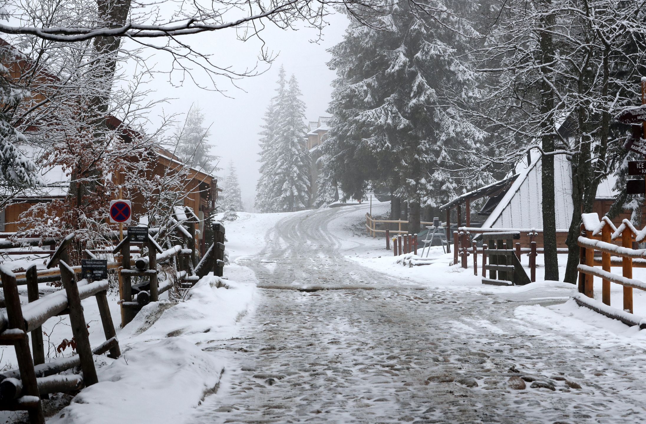 Zakopane 01.04.2022. Opady śniegu w Zakopanem. Po okresie słonecznej, wiosennej pogody temperatura się obniżyła i spadł śnieg. (kf) PAP/Grzegorz Momot