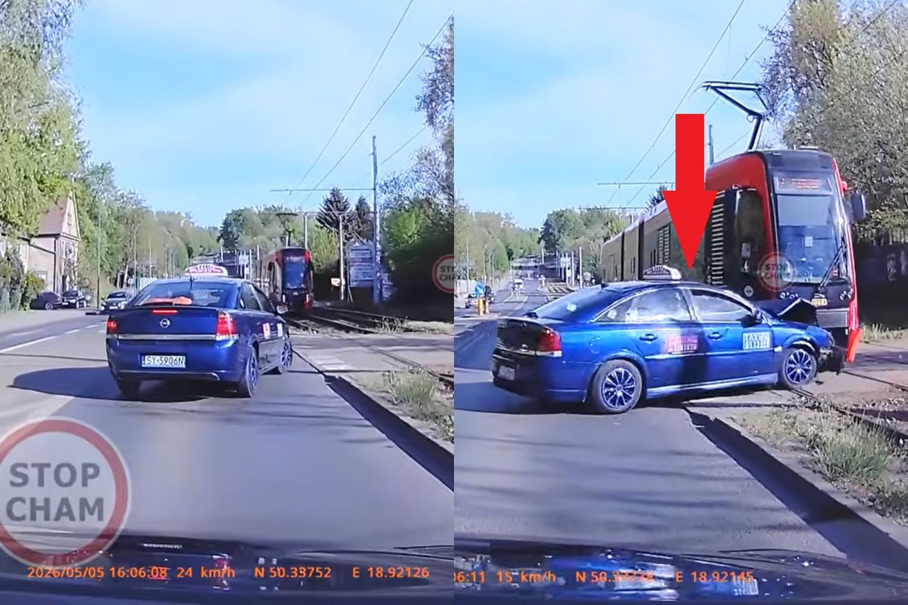 Taksówka wjechała w tramwaj. Nagranie niesie się po sieci