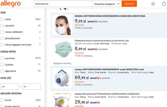 Allegro po zgłoszeniach blokuje produkty w zawyżonych cenach przeciw koronawirusowi, Amazon usunął je sam