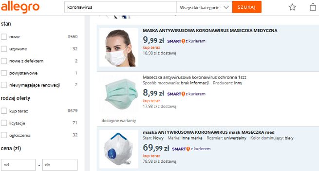 Allegro po zgłoszeniach blokuje produkty w zawyżonych cenach przeciw koronawirusowi, Amazon usunął je sam