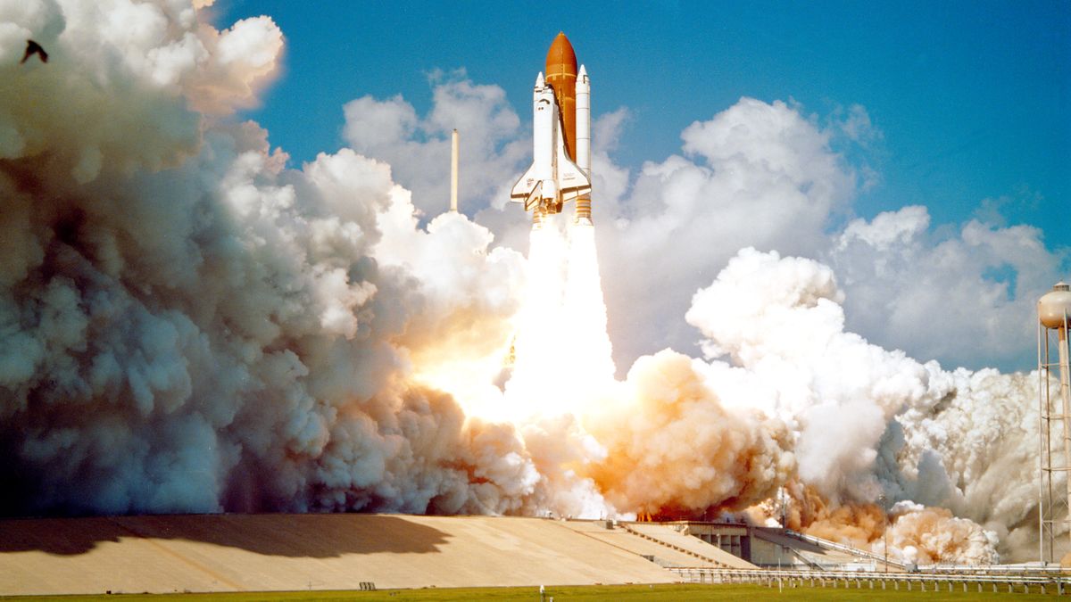 The Space Shuttle Challenger blasted off at noon EDT from the launch pad at Complex 39, Kennedy Space Center. (Photo by: HUM Images/Universal Images Group via Getty Images)