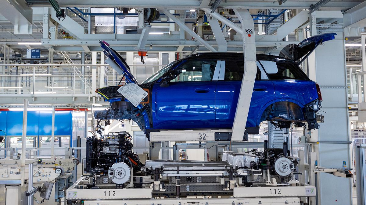 An all-electric Mini Countryman on the assembly line in the BMW Group factory in Leipzig, Germany, on Thursday, March 21, 2024. New-vehicle registrations rose to 995,059 units last month, the European Automobile Manufacturers' Association said Thursday. Photographer: Krisztian Bocsi/Bloomberg via Getty Images